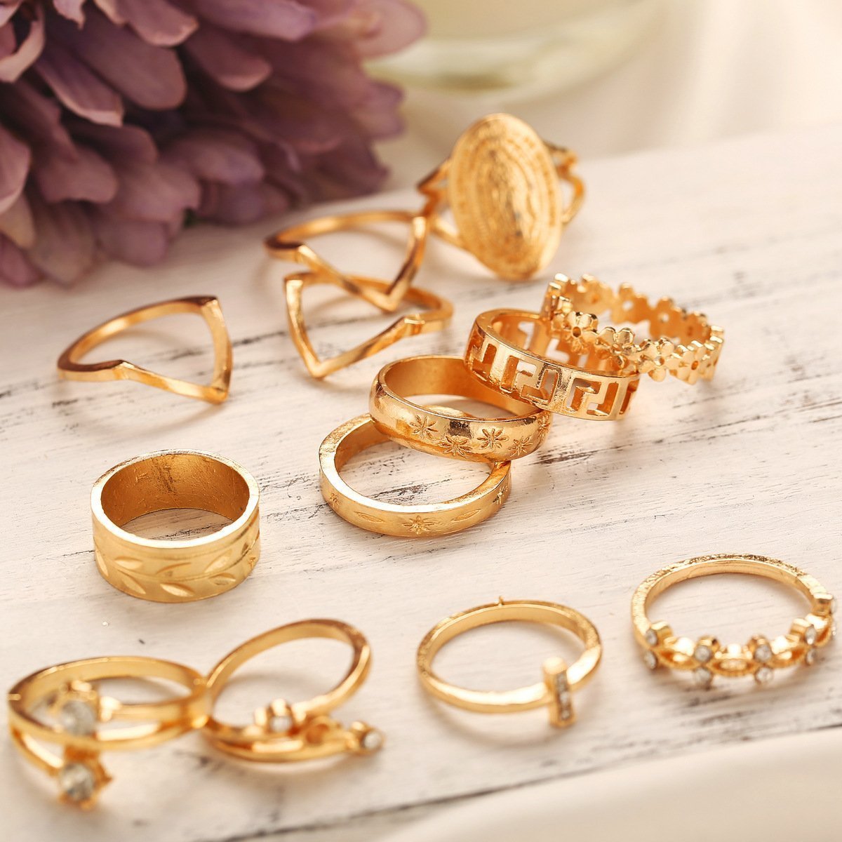 13 Piece Medallion Ring Set With Austrian Crystals 18K Gold Plated Ring