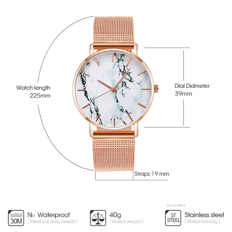 Fashion Rose Gold Mesh Band Creative Marble Female Wrist Watch