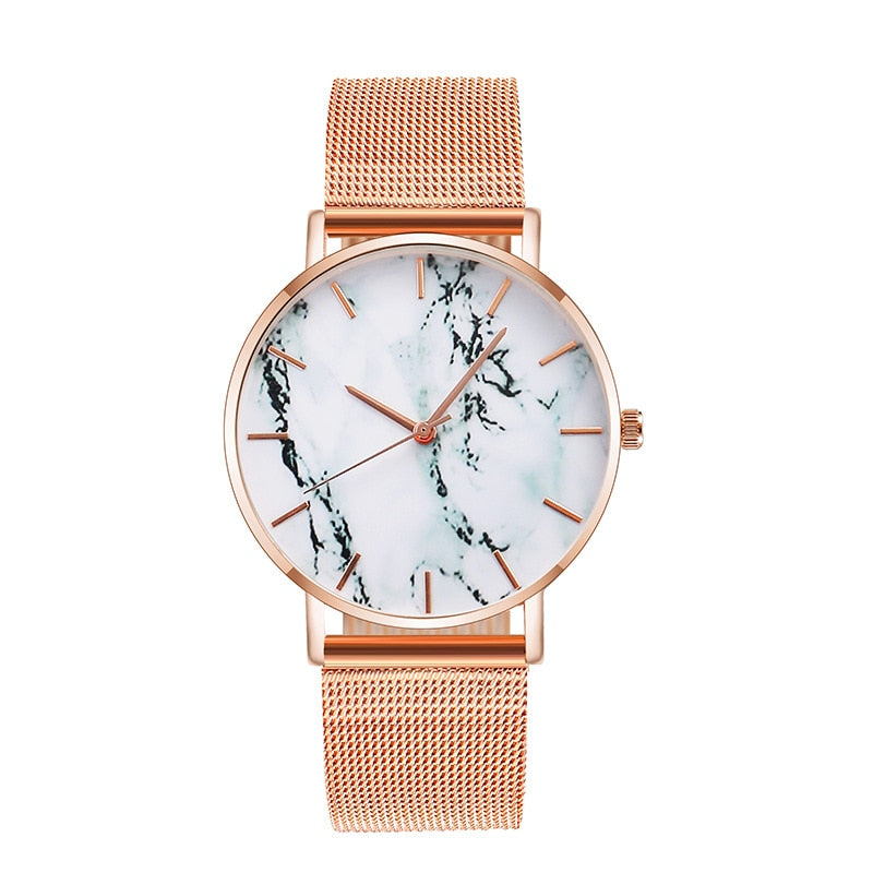 Fashion Rose Gold Mesh Band Creative Marble Female Wrist Watch