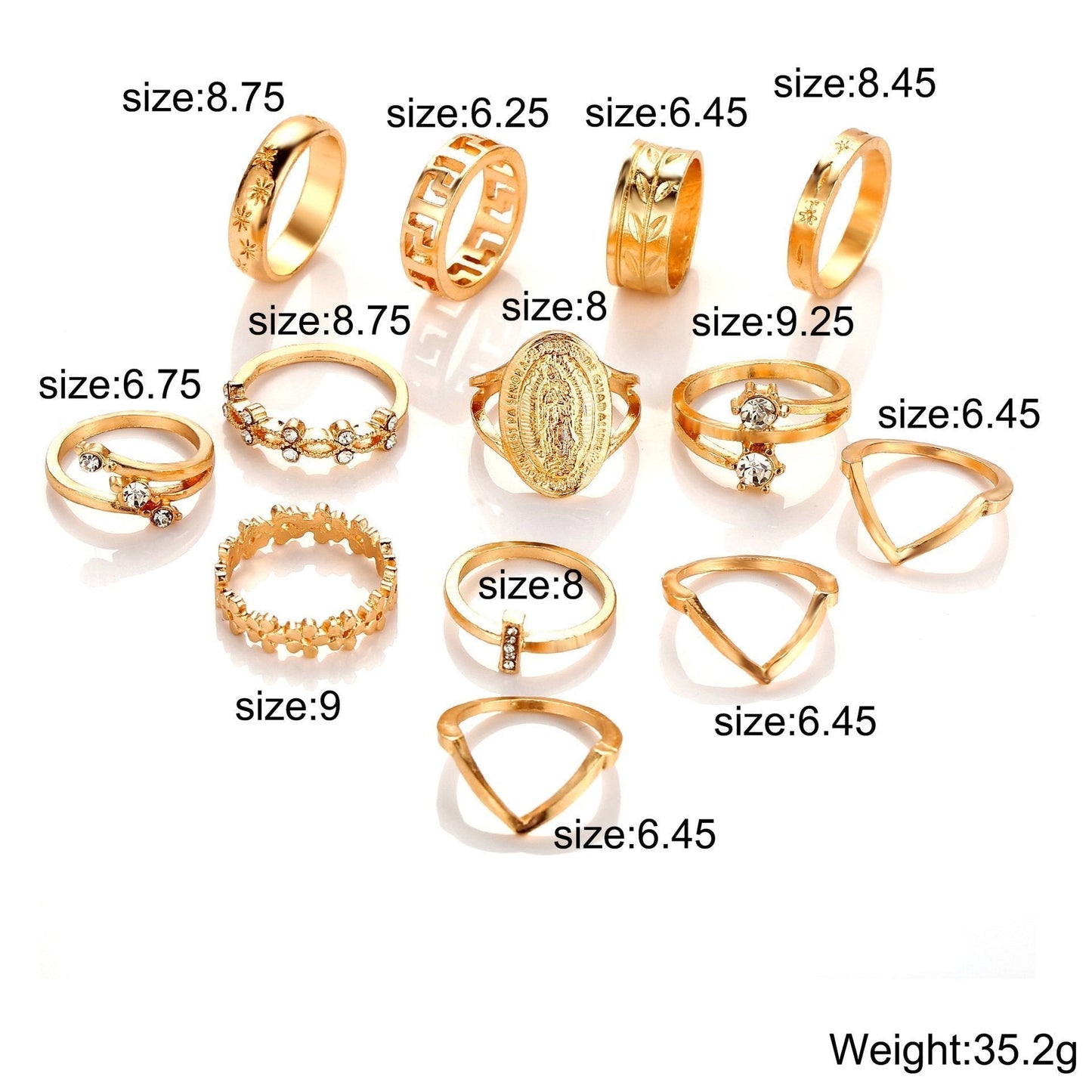 13 Piece Medallion Ring Set With Austrian Crystals 18K Gold Plated Ring