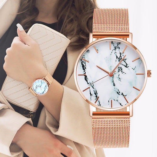 Fashion Rose Gold Mesh Band Creative Marble Female Wrist Watch